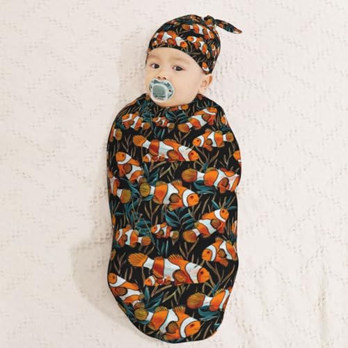 Image of Tropical Fish Clownfishes Newborn Swaddle Blankets Hat Sets Soft Baby Receiving Blanket Swaddle Sack for Baby Shower Infant Boy Girl Gift