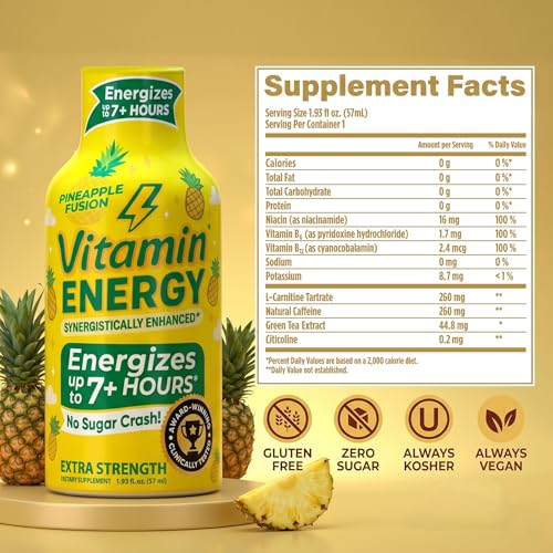 Image of Vitamin Energy Pineapple Fusion Extra Strength Energy Shot, 12 Pack - Up to 7 Hrs, 260mg Natural Caffeine, Zero Sugar - Green Tea Extract, Immune Support, B12 B6 Niacin, 1.93 fl oz, Keto Vegan