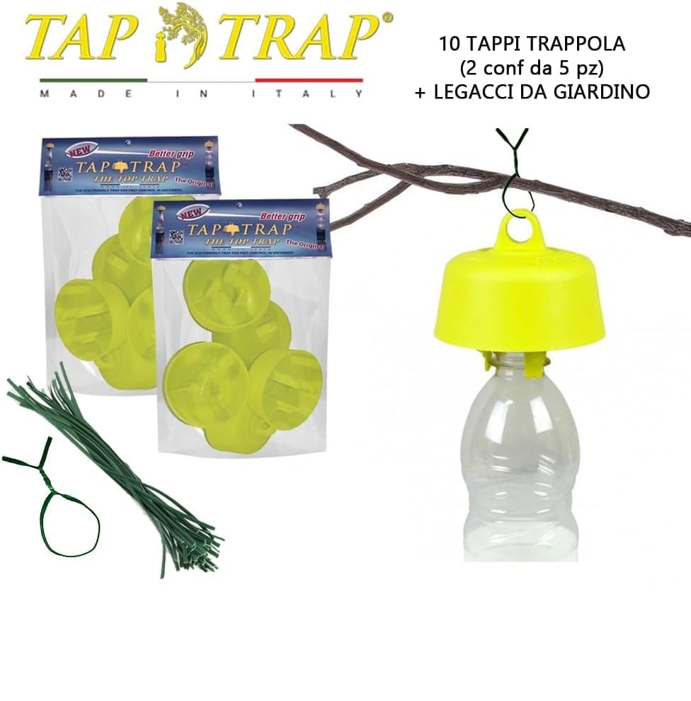TAP-TRAP® giallo - 10 tappi trappola originali, la vera esca ecologica + legacci da giardino per appenderli (10 pz giallo)
