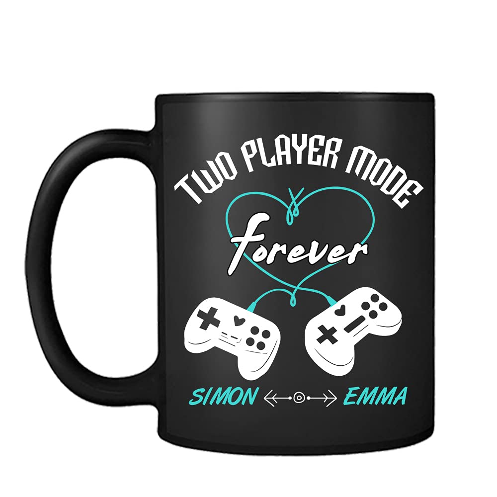 Getagift Personalised Any Name Heart Controller Forever Two-Player Valentine Mode Gift for Gamer Geek Couple Video Gamers, Novelty Mug, Unique Ceramic Black Satin Cup/Mug.
