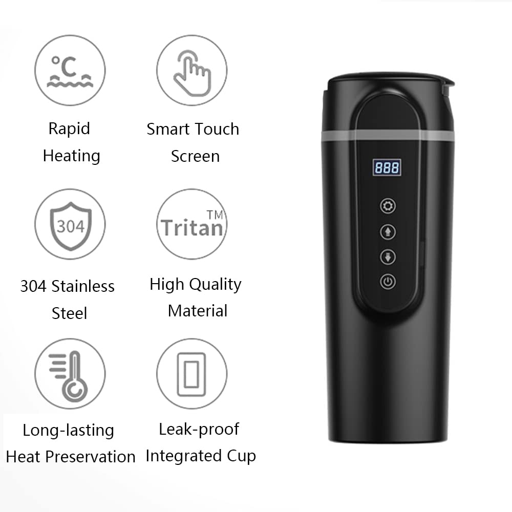 12/24V 420ml Acier Inoxydable Voiture Électrique Chauffé Voyage Tasse Eau Chaude Café Thé Thermique Tasse Tactile Température Réglage Contrôle Eau Tasse, Noir