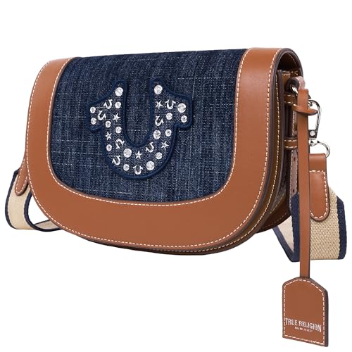 True Religion Studded Logo Flap Bag, Rhinestone Horseshoe Canvas Strap Shoulder Handbag, Denim - Main Image