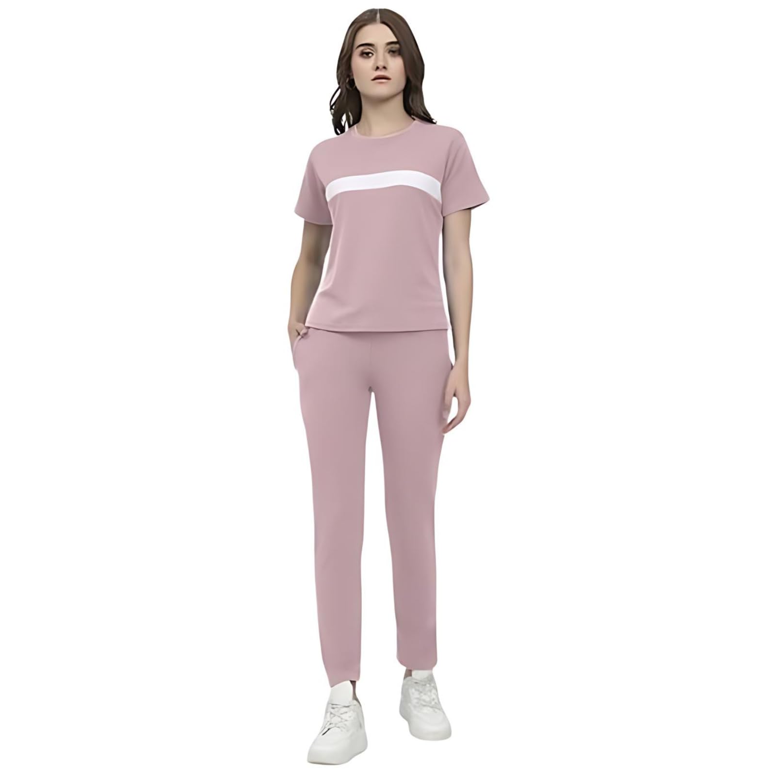 Women's Cotton Solid Tracksuit with Round Neck Half Sleeve Straight Length Regular Fit and Drawstring Closure Pant