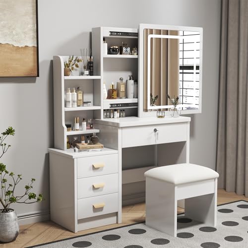 Montary Makeup Vanity Desk with Mirror and Lights, White Vanity Table Set with 4 Drawers & Sliding Mirror & Storage Shelves & Stool, 3 Lighting Modes Brightness Adjustable, Vanity Set Dressing Table