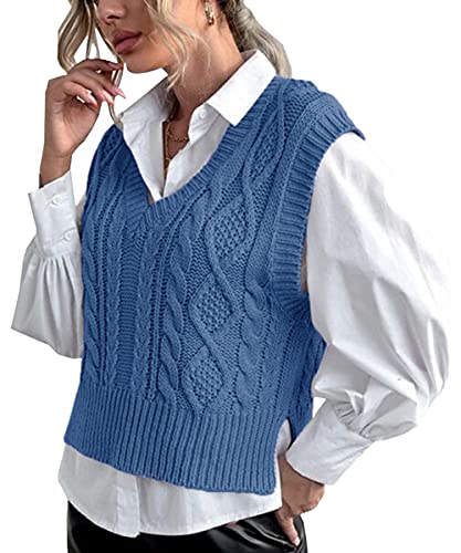Lueluoye Women Solid Classic V-Neck Sleeveless Pullover Cropped Sweater Vest Top Navy Blue M thumb #2