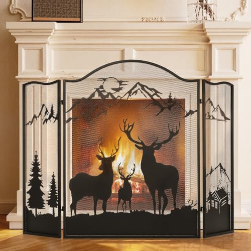 POWLAB 50' X 36'' Fireplace Screen - 3-Panel Wrought Iron Fire Guard with Deer Pattern, Rustic...