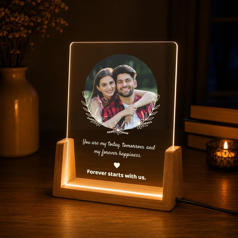 Image of Giftplease Personalized LED Acrylic Photo Frame with Custom Photo & Text | Engraved Acrylic Picture Lamp with Wooden LED Base | USB Warm Night Light for Anniversary, Wedding, Birthday, Couple & Family