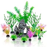 Griwuut Plantas decorativas de acuario con vista de rocalla, 12 piezas de accesorios para peceras, plantas artificiales de plástico, decoración de acuario para peceras