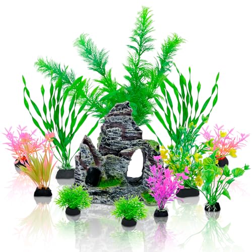 Griwuut 12 Stück Aquarium künstliche Pflanzen Dekoration mit Gartenteichblick, Zubehör Harz Höhle Fisch Tank Ornament, Bunt Aquarium Kunststoffpflanzen Decor