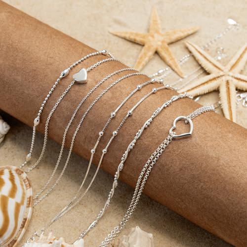 Image of Amberta Italian Sterling Silver Anklet for Women 925 | Adjustable Ankle Bracelets for Women Beaded Heart Summer Jewellery