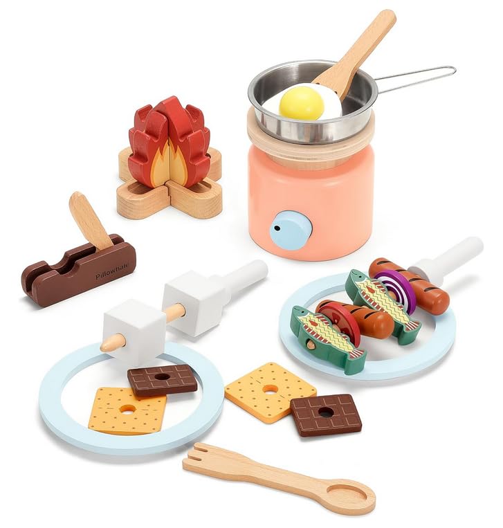 Pillowhale Wooden Camping Toys, Pretend Play Toys Campfire with Kids Grill Playset, 25pcs Kids Play Food Toy Set, Outdoor Play Toys for Toddler Boys and Girls Ages 3+