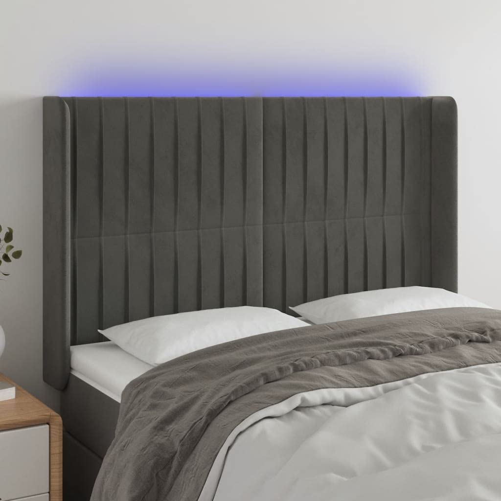 Cabecero LED de terciopelo, 147 x 16 x 118/128 cm, color gris oscuro, altura ajustable con tira RGB enchufable y alerce macizo para dormitorio, habitación juvenil, habitación de invitados