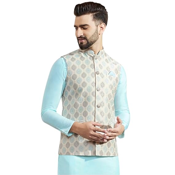 Men's Nehru Jacket, Off White Silk Blend, Woven Design Regular Fit Sleeveless Mandarin Collar