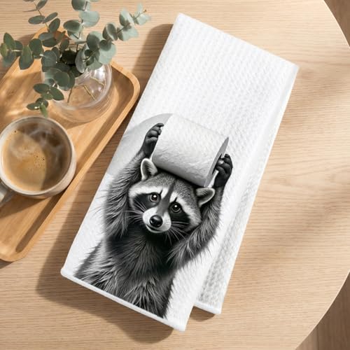 Image of Hanamiya Na 2Pcs Funny Raccoon Hand Towel for Bathroom 24x14 Inch, Humorous Raccoon Toilet Paper Absorbent Dish Cloth Towel, Waffle Hand Towels for Kitchen Toilet Home Bathroom, Raccoon Gifts