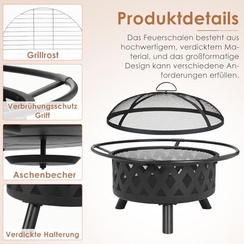 Feuerschale, Ø 76cm Feuerkorb mit Funkenschutz und Schürhaken, Feuerschalen für den Garten Groß, Feuerstelle mit Grill, BBQ Feuerstelle Outdoor, Retro-Look Fire Pit, Multifunktional Feuerkorb – Bild 5