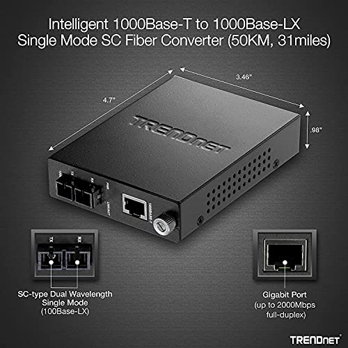 Image of TRENDnet Intelligent 1000Base-T to 1000Base-FX Single Mode SC Type Fiber Media Converter (50 Km / 31 Miles), Fiber to Ethernet Converter, RJ-45 Port, Fiber Port, Lifetime Protection, TFC-1000S50