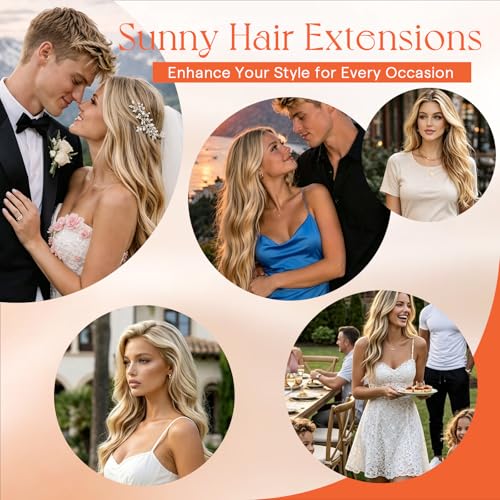 Image of Sunny Hair Clip in Hair Extensions Real Human Hair Blonde Highlighted | 22 Inch Clip in Remy Hair Extensions Blonde Highlights with Easy Install Comfort Wear for Concert 85g