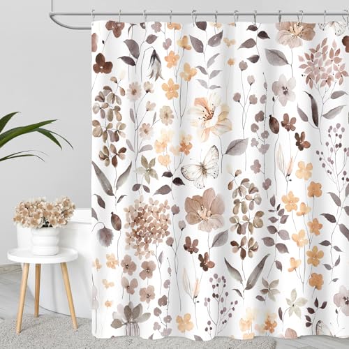 MAYZUS Brown Floral Shower Curtain, Fall Flower Fabric Shower Curtains for Bathroom, Taupe Wildflower Butterfly Cloth Shower Curtain Set with Hooks, 72x72