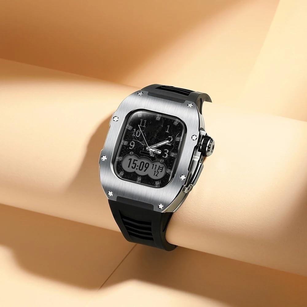 EZZON Tytanowe meta etui, gumowa opaska, zestaw mod, do Apple Watch 9, 8, 7, 6, 5, 4 SE, dla mężczyzn i kobiet, metalowe etui do zegarka, silikonowy pasek do zegarka, akcesoria zamienne do zegarka