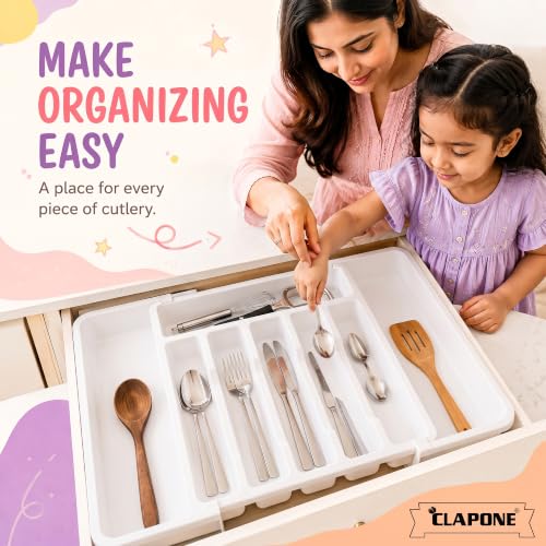 Image of CLAPONE Drawer Organizer Tray /Kitchen Expandable Utensil Tray /Adjustable Utensil Organizer /Cutlery Silverware Flatware Holder /Divider for Spoons Forks Knives Tableware (White, 2 Pieces)