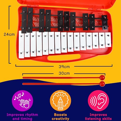 Image of A-Star 25 Note Soprano Chromatic Glockenspiel Xylophone in Red Case with Black /White Keys and Two Plastic Beaters - 2 Octaves G5 to G7