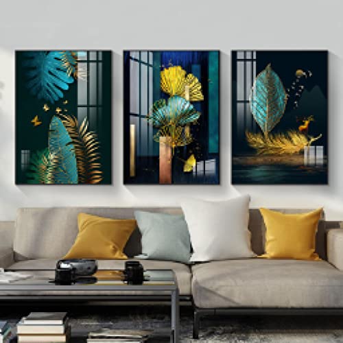 Toile murale salon feuilles vertes et or pour creer une ambiance apaisante et chic