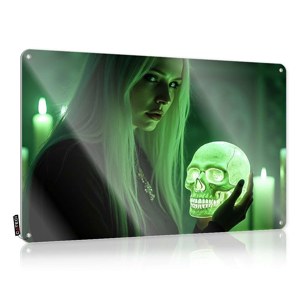 Door Industrial Cool Wall Art - A Woman Holds A Glowing Skull In A Dimly Lit Room. Rustic Wall Art Gift For Camper Easy Hang For Backyard Bar(20X30CM)