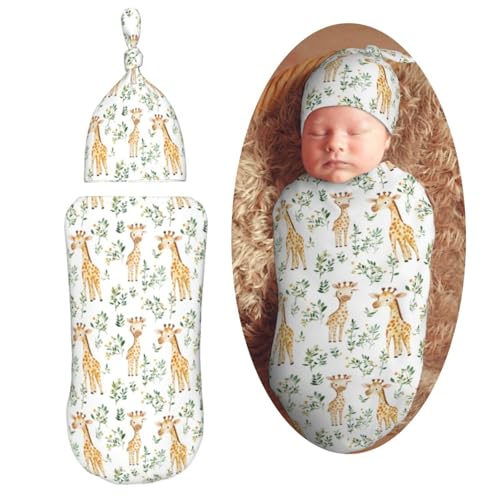 Image of Giraffe Watercolor Newborn Swaddle Blankets Hat Sets Soft Baby Receiving Blanket Swaddle Sack for Baby Shower Infant Boy Girl Gift