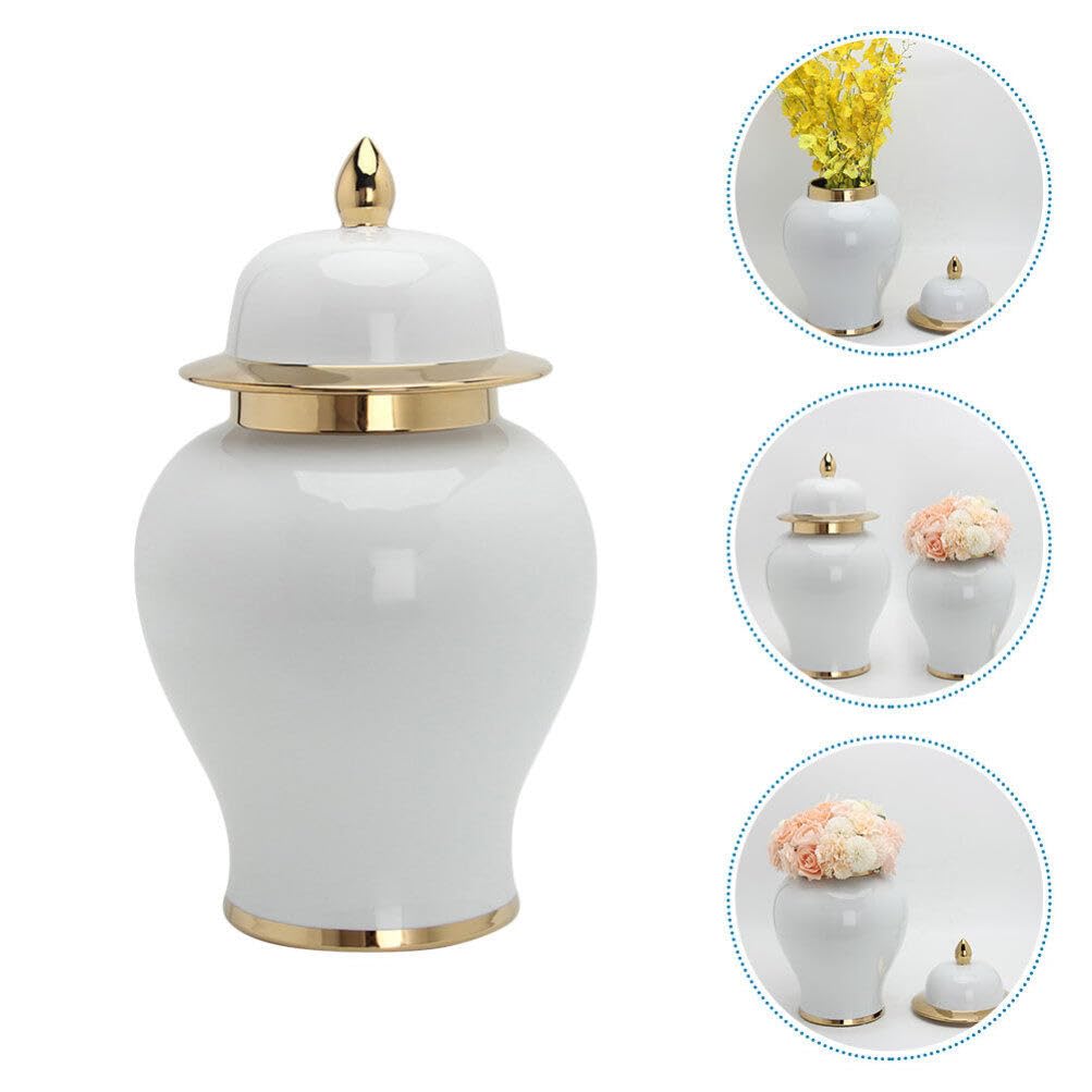 IMIKEYA Ginger Jar, White Ginger Jar with Gold Trim Handicraft Flower Vase Chinese Style Temple Jar Storage Jar Tea Canister with Lid for Home Office Wedding Decor
