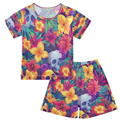 senya Short Sleeve Pajamas Sets Summer Cotton Sleepwear Flowers and Skulls