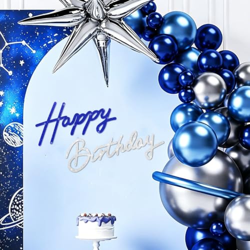 Image of TONIFUL Happy Birthday Sign for Backdrop - Glitter Navy Blue Silver Felt Banner - Includes Dot Glue - Perfect for Birthday Party Backdrop,Wall Decr,Balloon Arch,Photo Background