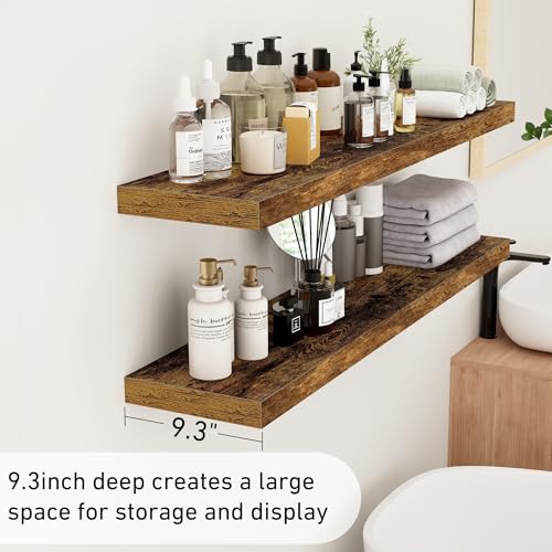Fun Memories 48Inch Floating Shelves, 9.3Inch Deep Rustic Wall Shelves - Extra Deeper & Thicker Wall Mounted Storage Shelf for Kitchen, Farmhouse - Set of 2 - Rustic Brown by Fun Memories - Used condition - Image 5