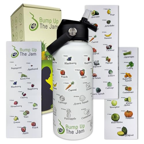 Bump Up The Jam Pregnancy Water Bottle Tracker - 32 ounce Stainless Steel - Includes Weekly Pregnancy Tracker Stickers (Frosted Pearl Color)