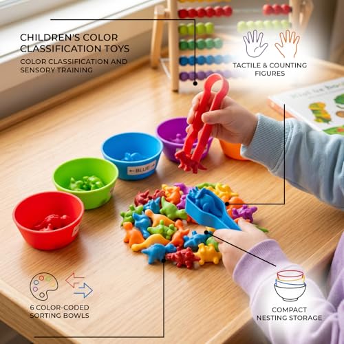 Image of BeFunky Counting Matching Game with Sorting Bowls, Color and Sensory Montessori Educational Learning Toys Set Gift for Toddlers Preschool Age 3+ Years Old (Dinosaur Box)