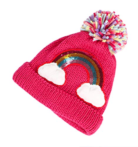 Little Girls Winter Sequin Rainbow Beanie Hat with Pom Pom Knit Cap for Kids Baby Toddler3