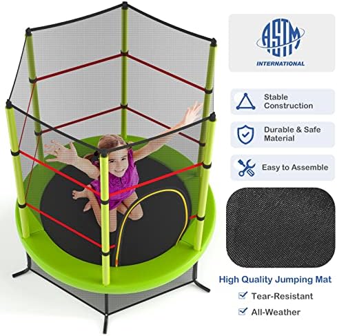 Giantex 55" Kids Trampoline with Safety Enclosure Net, Toddler Trampoline w/Heavy-Duty Steel Frame & Seamless Jump Mat, Outdoor Indoor Mini Trampolines for Kids, Green 6 51td277iwWL. AC