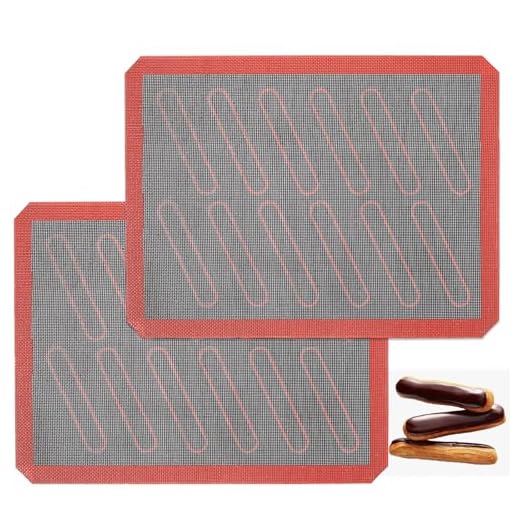 Perforated Silicone Baking Mats, 2 PCS Eclair Silicone Mat for Half Sheet with 12 Printed Oblong Eclair Guides, Non-Stick Reusable Oven Liners for Making Bread/Pizza/Pastry/Cookie 11-4/5