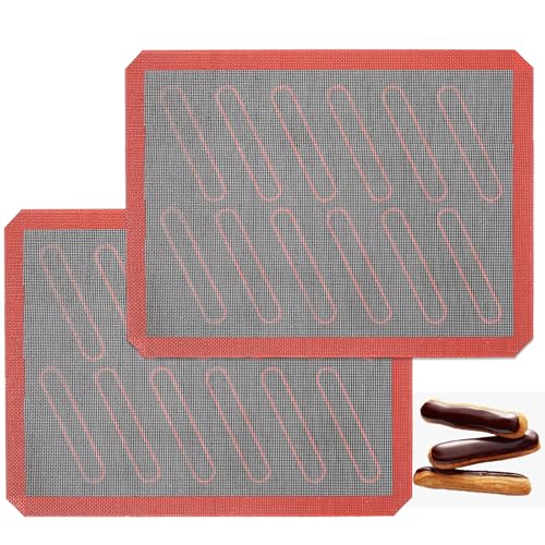 Perforated Silicone Baking Mats, 2 PCS Eclair Silicone Mat for Half Sheet with 12 Printed Oblong Eclair Guides, Non-Stick Reusable Oven Liners for Making Bread/Pizza/Pastry/Cookie 11-4/5" x 15-3/4" by AMYONE - Used condition - CA$6.43