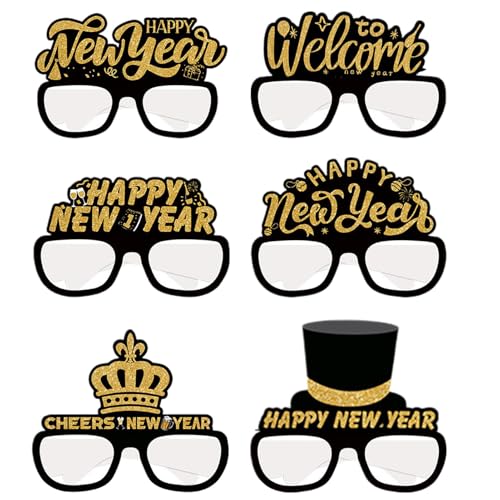 Happy New Year Glasses - New Year Eve Paper Glasses, New Year Celebration Glasses | Funny Glasses 2025 Glasses, 6x Pack Decorative Eyewear Holiday Glasses, New Years Glasses Photo Props For New Year
