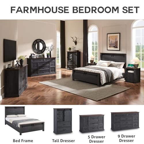 Image of IFGET Farmhouse Full Size Bed Frame with 47 inch Headboard, Wood Bed Frame with Groove Sliding Barn Door Footboard, Platform Bed with Wood Slats Support, No Box Spring Needed (Dark Grey)