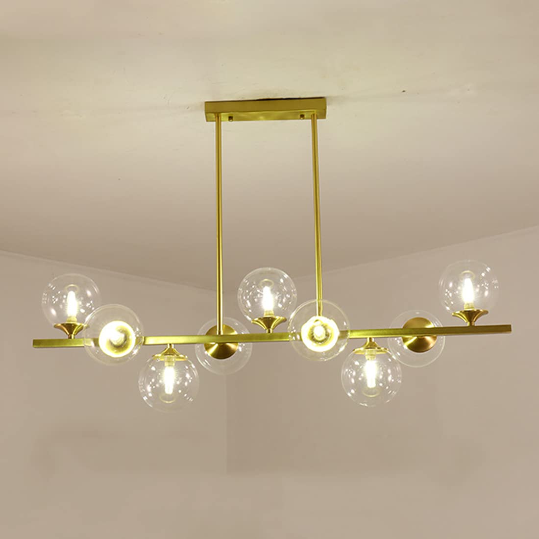 LYMSXAZOU 9-Light Glass Sputnik Chandelier Pendant Light - Brushed Brass Linear Hanging Fixture for Bedroom, Living Room, Hallway