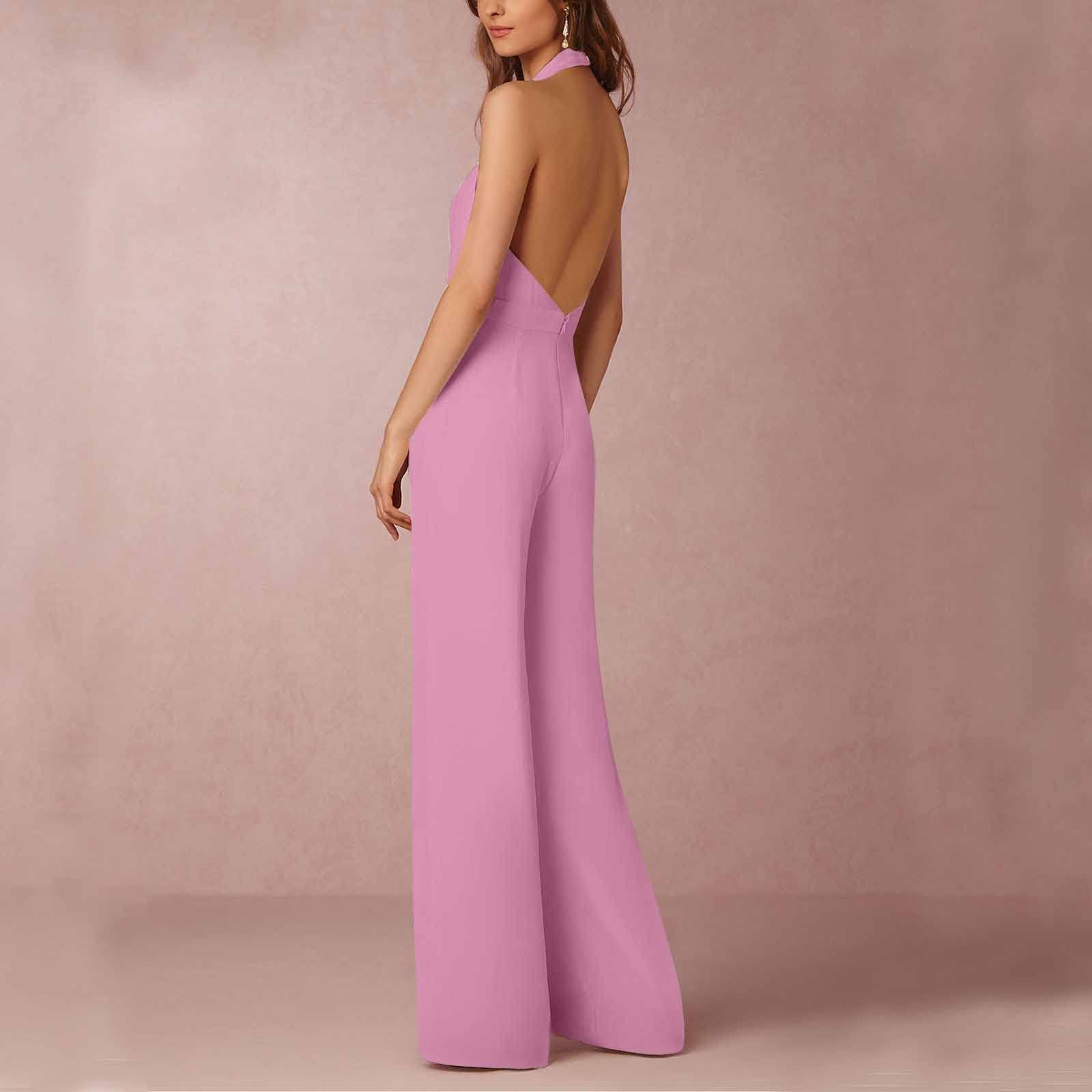 Generisch Jumpsuit Damen Elegant Festlich Lang Jumpsuits Für Damen Hochzeit V Ausschnitt Overall Frauen Weites Bein Overalls Neckholder Rückenfrei Hosenanzug Hochzeitsgast Playsuit Ärmellos Onesie