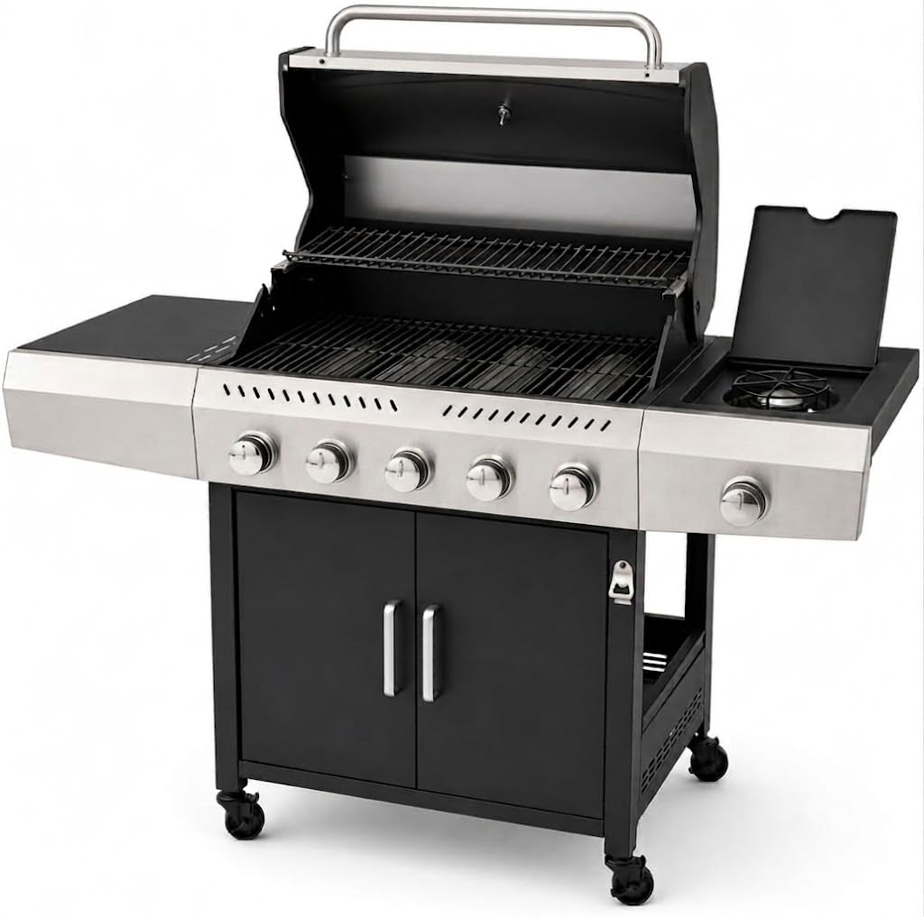 Barbecue a Gas Professionale XXL Da 19 kW con 6 Bruciatori in Acciaio Inox 304 Con Fuoco Laterale Termometro Coperchio Doppio Griglia Di Cottura 70 x 42 Cm Scaldavivande Ruote 140 × 50 × 120 Cm Nero