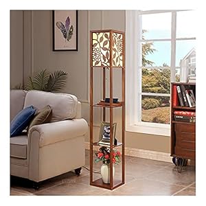 Indoor Oppervlieglamp met planken door hout, moderne plank met stoffen lampenkap en opslagplanken voor woonkamer…