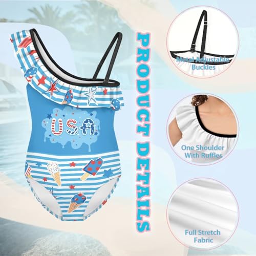Jeiento Girls One Shoulder Swimsuits American Flag Kids One Piece Bathing Suit Beach Pool Swimwear for Independence Day Party3