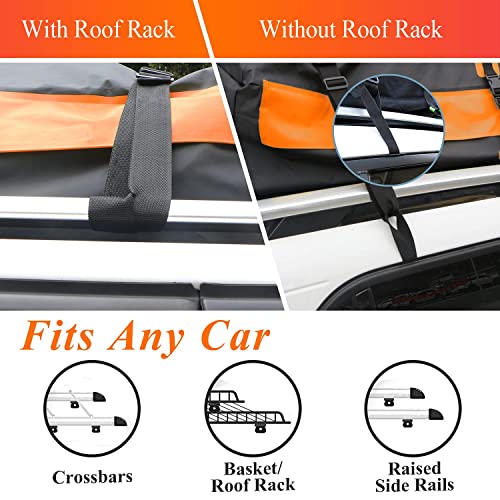 Rooftop Cargo Carrier Bag - 21 Cubic Feet PEORSEFI Waterproof Car Roof Bag for Cars with Racks or Without Racks Includes 6 Door Hooks, Roof Protective Mat, Storage Bag (21 Cubic Feet, Black-Orange)