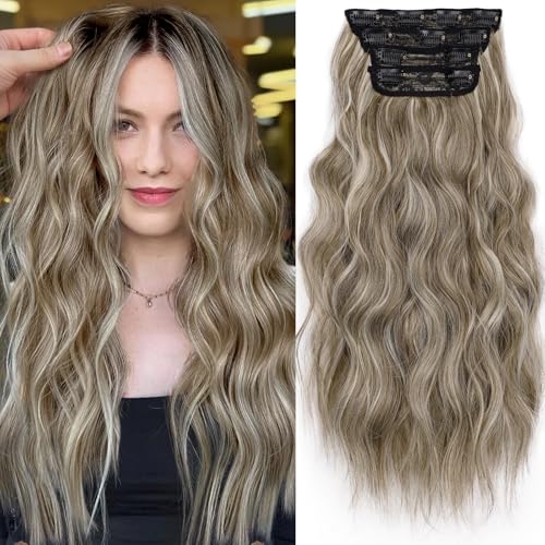 KooKaStyle Clip in Synthetic Hair Extensions Long Wavy 4PCS Thick Hairpieces Bleach Blonde mix Walnut Brown Fiber Double Weft Natural Hair Extensions 20 Inch for Women