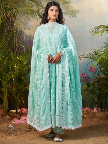 Image of INDO ERA Women's Anarkali Pure Cotton Ethnic Motifs Embroidered Kurta & Pant with Dupatta Set (IEOUT10183)