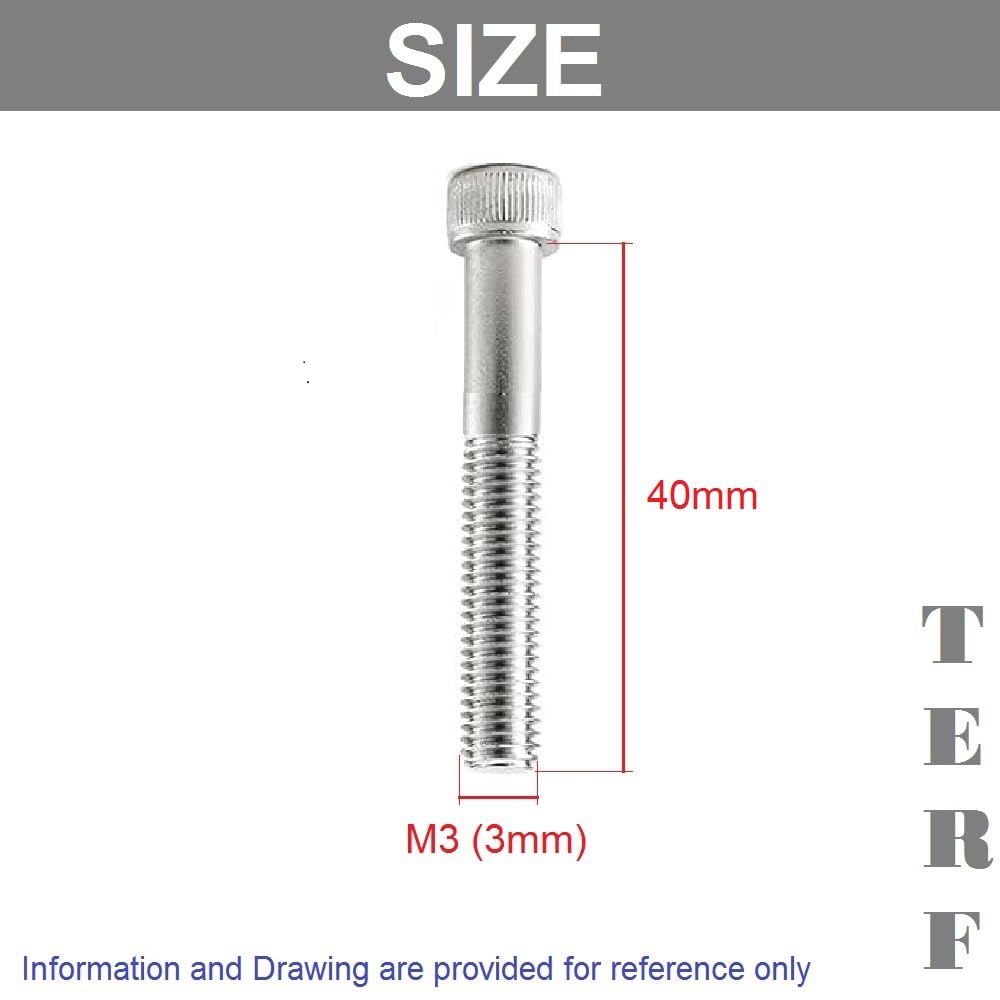 TERF® M3 X 40mm Hex Socket Cap Head Machine Screws Stainless Steel A2 (304) Machine Screw M3 (3mm) X 40mm Allen Key Hexagonal Socket Cap Bolts - Image 3