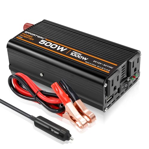 EFFORTWAY 500W Power Inverter, Inverter 12V to 110V with 2 AC Outlets, 2.1A USB Port, Car Power...